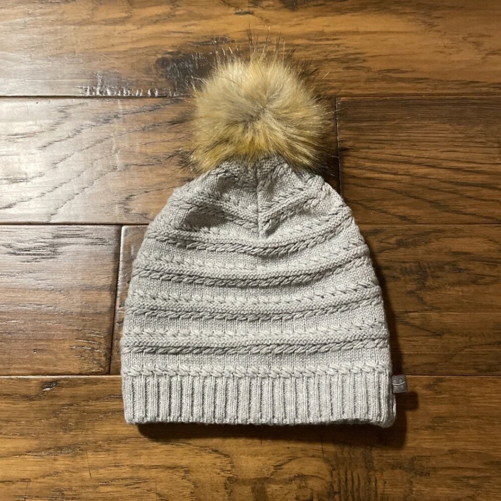 New kids winter hat toque cable knit faux fur pompom grey